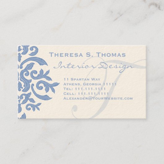 Elegant Blue en Cream Damask Letter T Visitekaartje (Voorkant)