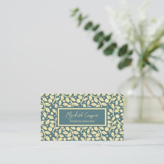 Elegant Blue en Cream Leaf Pattern Visitekaartje (Staand voorkant)