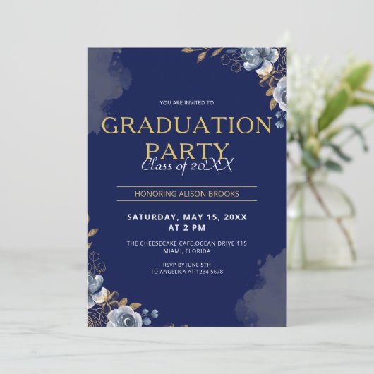 Elegant Blue en Gold Afstuderen Kaart (Staand voorkant)