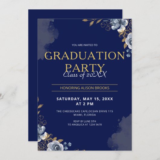 Elegant Blue en Gold Afstuderen Kaart (Voorkant / Achterkant)