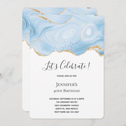 Elegant Blue en Gold Agate Background Birthday Kaart (Voorkant / Achterkant)