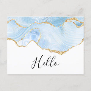 Elegant Blue en Gold Agate Border Hallo Briefkaart