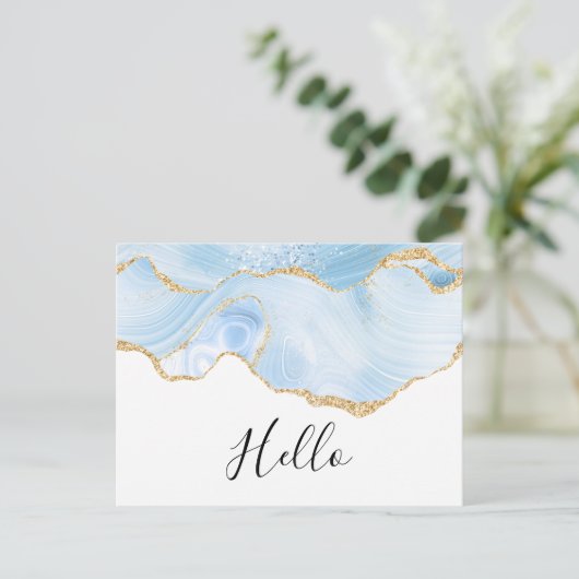 Elegant Blue en Gold Agate Border Hallo Briefkaart (Staand voorkant)