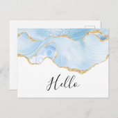 Elegant Blue en Gold Agate Border Hallo Briefkaart (Voorkant / Achterkant)