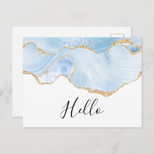 Elegant Blue en Gold Agate Border Hallo Briefkaart (Voorkant / Achterkant)