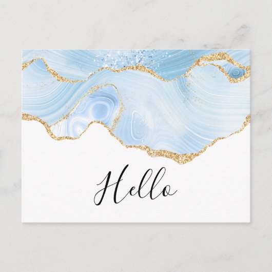 Elegant Blue en Gold Agate Border Hallo Briefkaart (Voorkant)