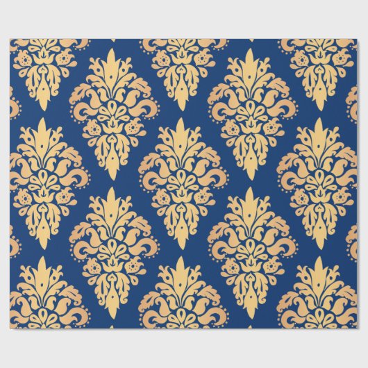 Elegant Blue en Gold Classic Damask Pattern Cadeaupapier (Vlak)