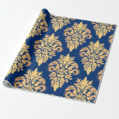 Elegant Blue en Gold Classic Damask Pattern Cadeaupapier (Uitgerold)