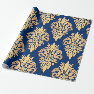 Elegant Blue en Gold Classic Damask Pattern Cadeaupapier