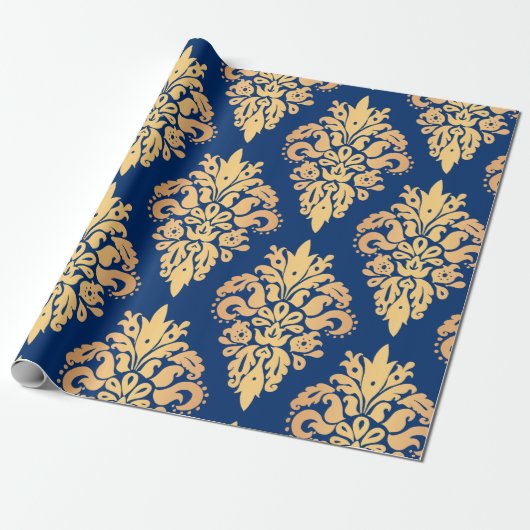 Elegant Blue en Gold Classic Damask Pattern Cadeaupapier (Uitgerold)