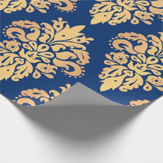 Elegant Blue en Gold Classic Damask Pattern Cadeaupapier (Hoek)