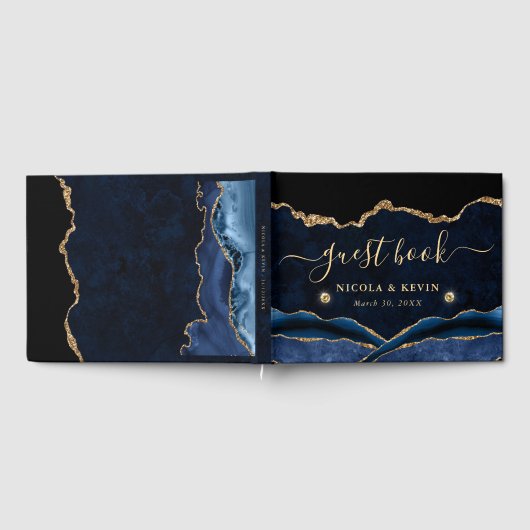 Elegant Blue en Gold Faux Glitter Agate Wedding Gastenboek (Volledig)