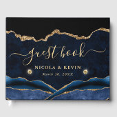 Elegant Blue en Gold Faux Glitter Agate Wedding Gastenboek (Voorkant)