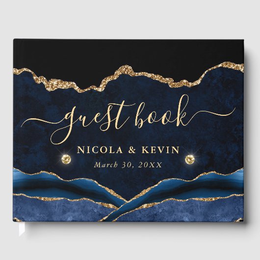 Elegant Blue en Gold Faux Glitter Agate Wedding Gastenboek (Voorkant)