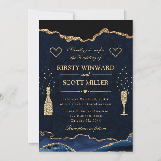 Elegant Blue en Gold Faux Glitter Agate Wedding Kaart (Voorkant)