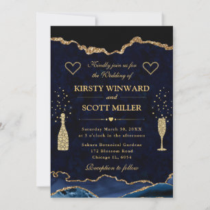 Elegant Blue en Gold Faux Glitter Agate Wedding Kaart