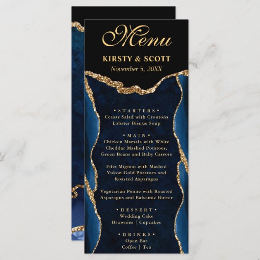 Elegant Blue en Gold Faux Glitter Agate Wedding Menu (Voorkant / Achterkant)