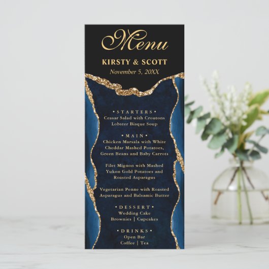 Elegant Blue en Gold Faux Glitter Agate Wedding Menu (Staand voorkant)