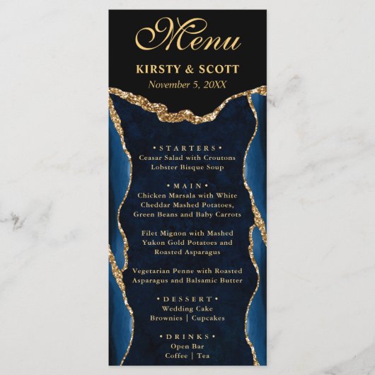 Elegant Blue en Gold Faux Glitter Agate Wedding Menu (Voorkant)