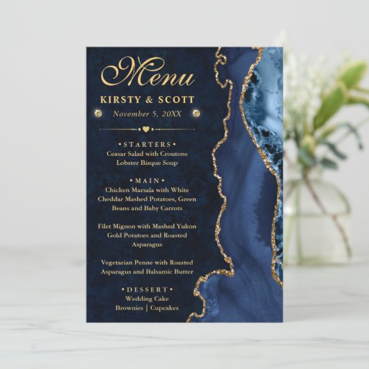 Elegant Blue en Gold Faux Glitter Agate Wedding Menu (Staand voorkant)