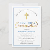 Elegant Blue en Gold First Heilige Communie Kaart (Voorkant)