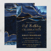Elegant Blue en Gold Glitter Agate 21st Birthday Kaart (Voorkant / Achterkant)