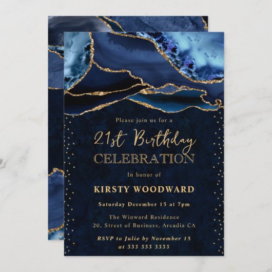 Elegant Blue en Gold Glitter Agate 21st Birthday Kaart (Voorkant / Achterkant)