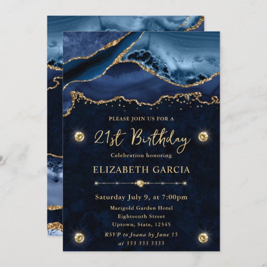 Elegant Blue en Gold Glitter Agate 21st Birthday Kaart (Voorkant / Achterkant)