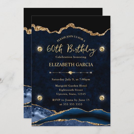 Elegant Blue en Gold Glitter Agate 60th Birthday Kaart (Voorkant / Achterkant)