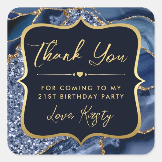 Elegant Blue en Gold Glitter Agate Birthday Vierkante Sticker (Voorkant)