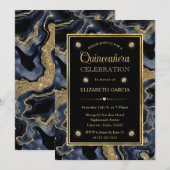 Elegant Blue en Gold Glitter Agate Quinceanera Kaart (Voorkant / Achterkant)