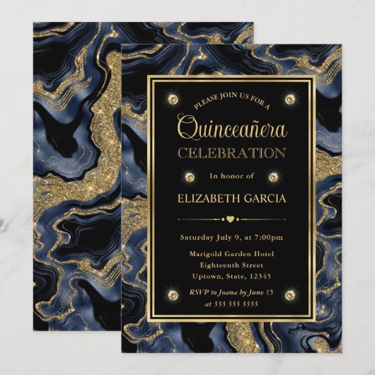 Elegant Blue en Gold Glitter Agate Quinceanera Kaart (Voorkant / Achterkant)