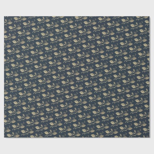 Elegant Blue en Gold Holly Berries Kerstmis Cadeaupapier (Vlak)