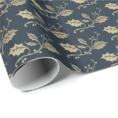 Elegant Blue en Gold Holly Berries Kerstmis Cadeaupapier (Rol Hoek)