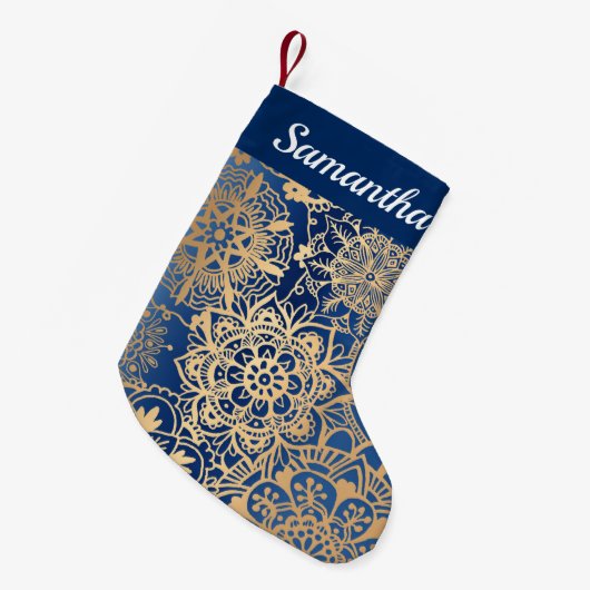Elegant Blue en Gold Mandala Pattern Kleine Kerstsok (Voorkant (Hangend))