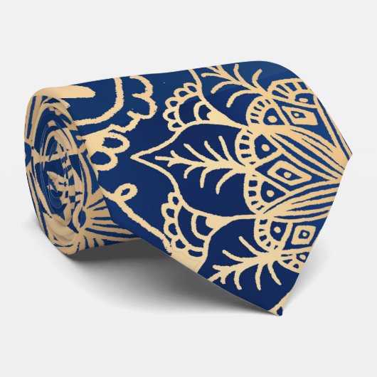 Elegant Blue en Gold Mandala Pattern Stropdas (Opgerold)