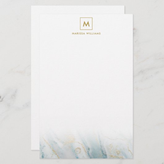Elegant Blue en Gold Marble Texture Monogramed Briefpapier (Voorkant / Achterkant)