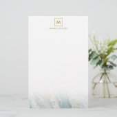 Elegant Blue en Gold Marble Texture Monogramed Briefpapier (Staand voorkant)