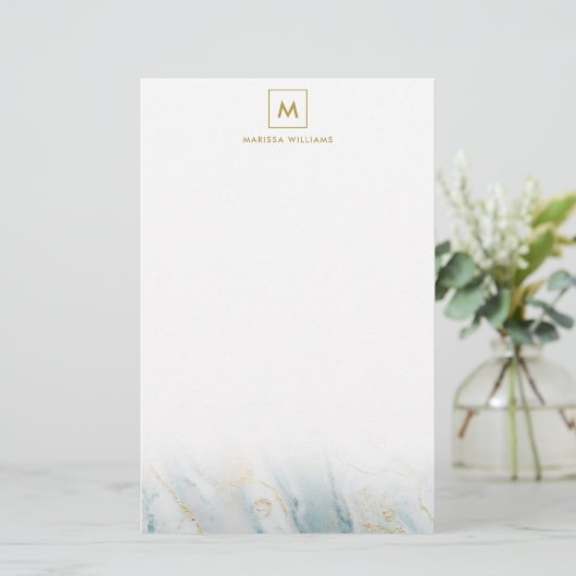 Elegant Blue en Gold Marble Texture Monogramed Briefpapier (Staand voorkant)