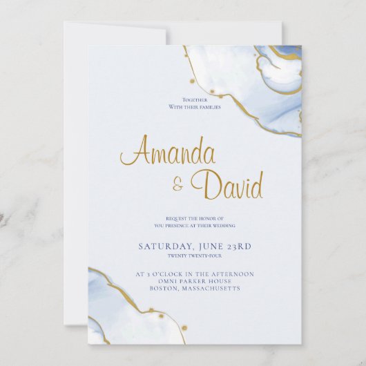Elegant Blue en Gold Marble Wedding Invitation Kaart (Voorkant)