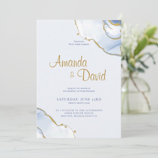 Elegant Blue en Gold Marble Wedding Invitation Kaart (Staand voorkant)