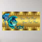 Elegant Blue en Gold Masquerade Party Banner Poster (Voorkant)