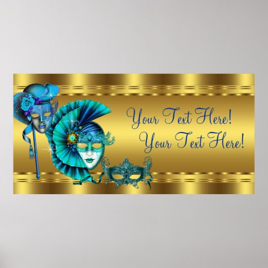 Elegant Blue en Gold Masquerade Party Banner Poster (Voorkant)