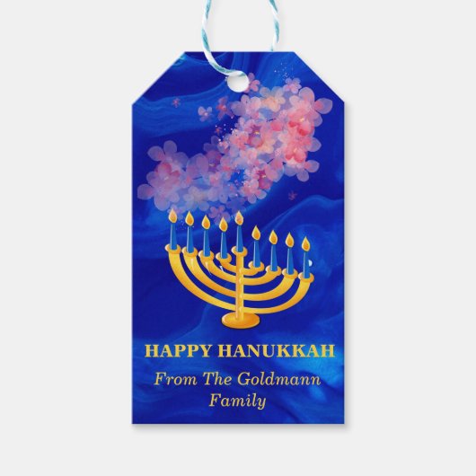 Elegant Blue en Gold Menorah Happy Hanukkah Cadeaulabel (Voorkant)