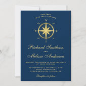 Elegant Blue en Gold Nautical Compass Wedding Kaart (Voorkant)