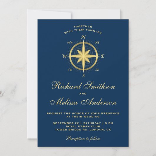 Elegant Blue en Gold Nautical Compass Wedding Kaart (Voorkant)