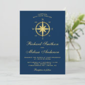 Elegant Blue en Gold Nautical Compass Wedding Kaart (Staand voorkant)