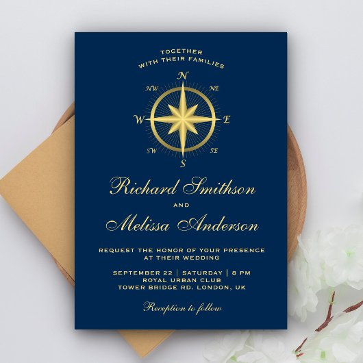 Elegant Blue en Gold Nautical Compass Wedding Kaart