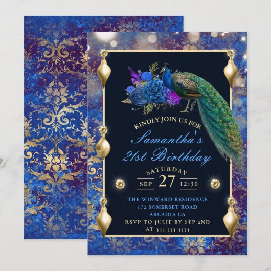 Elegant Blue en Gold Peacock sierents Kaart (Voorkant / Achterkant)