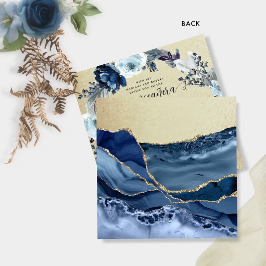 Elegant Blue en Gold Quinceañera, Floral Kaart